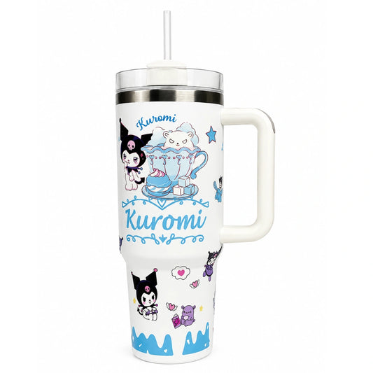 Kuromi White Insulated Stainless Steel Tumbler with Handle & Straw – 1200ml