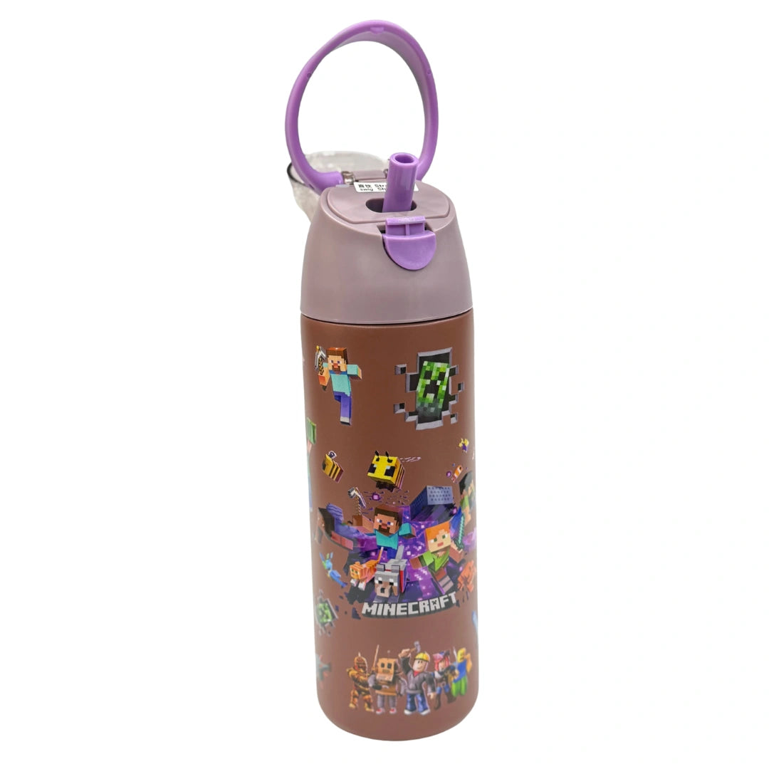 Minecraft Kids Water Bottle with Straw & Carrying Loop – Leakproof School Drink Bottle