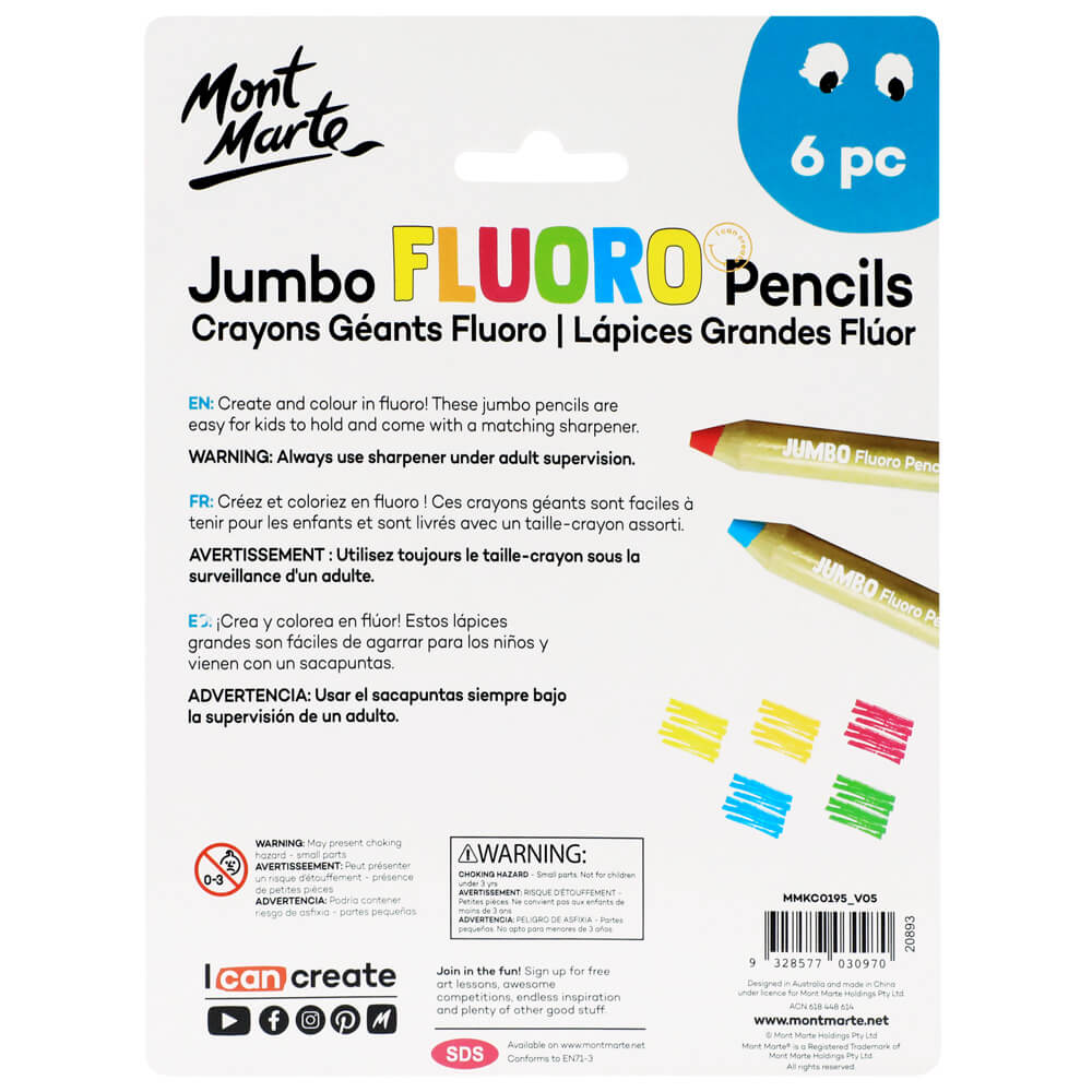 MONT MARTE Jumbo Fluoro Pencils 6pc (INCLUDE 5 PENCILS + 1 JUMBO SHARPNER)