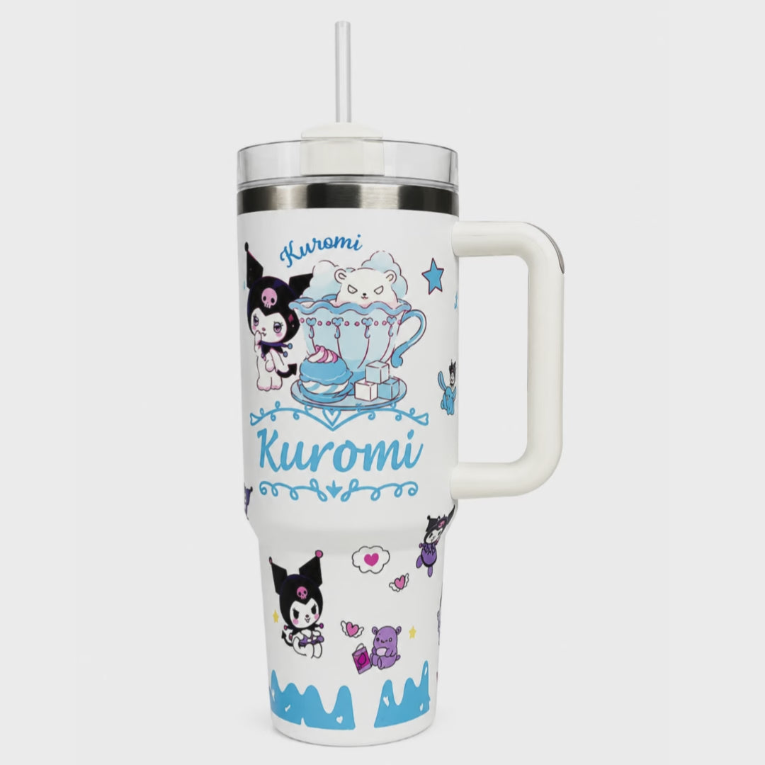 Kuromi White Insulated Stainless Steel Tumbler with Handle & Straw – 1200ml