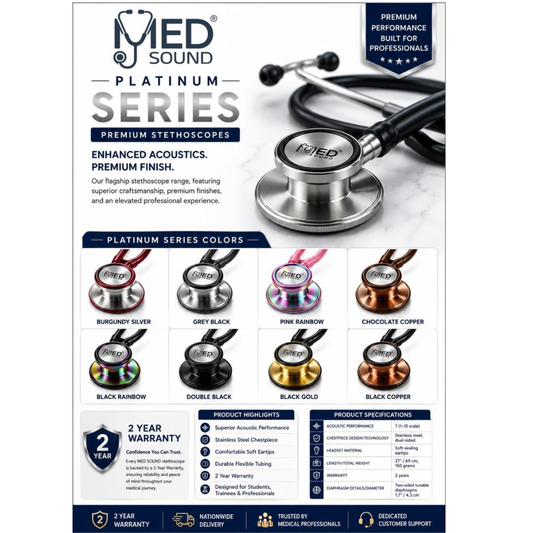 MedSound Platinum Series stethoscope packaging with stethoscope image and color options.